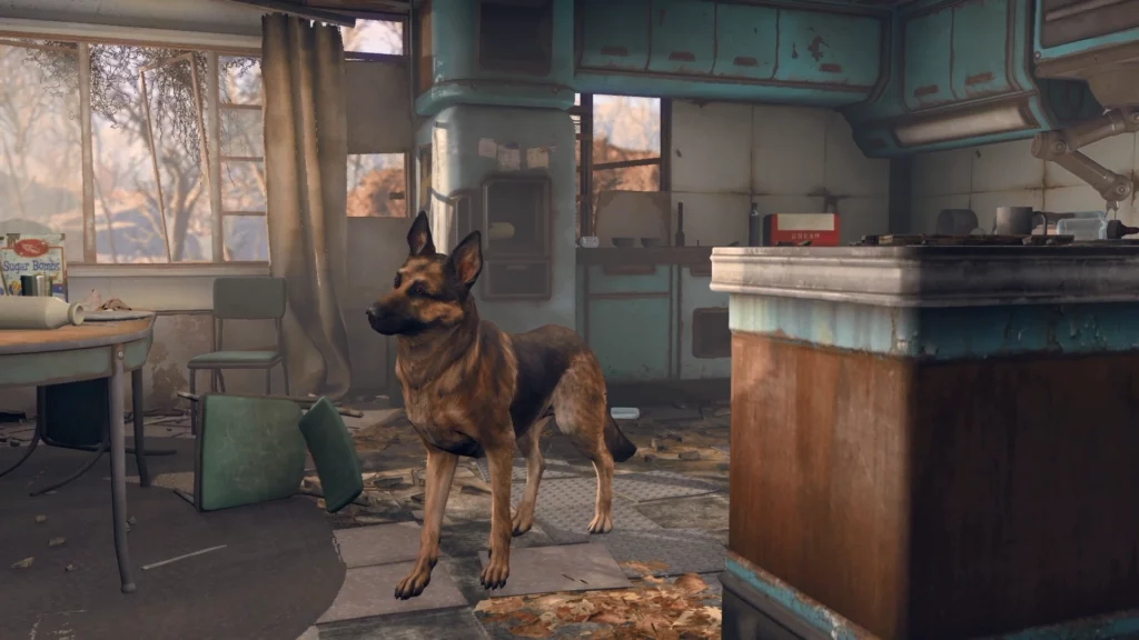 Dogmeat, um pastor alemão encontrado durante sua passagem pela Parada de Caminhoneiros Red Rocket.